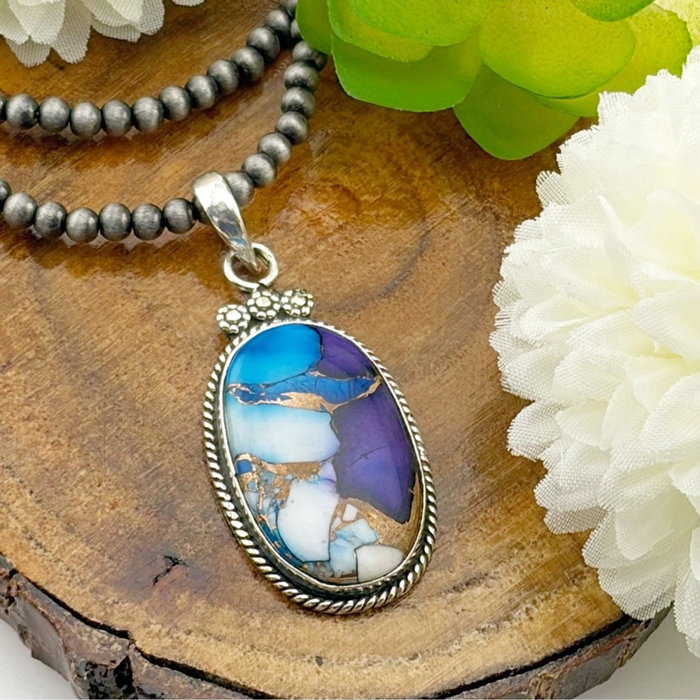 Southwest Purple Ice Blue Dahlia Turquoise Pendant Navajo Pearl Style Chain 925